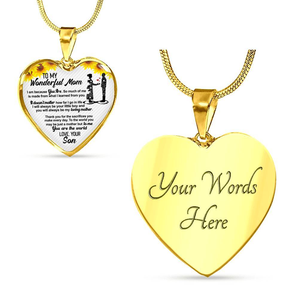 From Son To My Wonderful Mom I Am Because You Are So Much Of Me Sunflower Luxury Heart Pendant Necklace - Heart Luxury Necklace (Gold Plated)