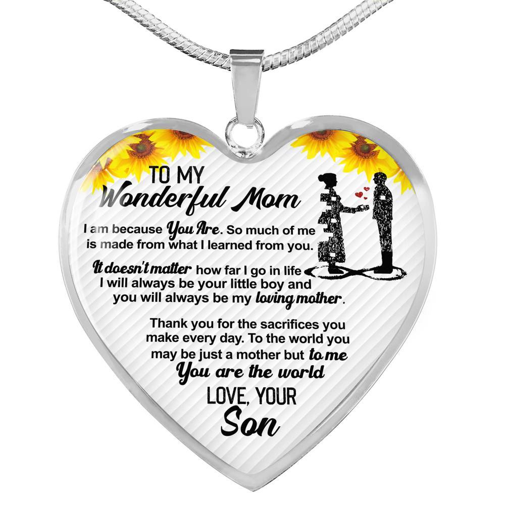 From Son To My Wonderful Mom I Am Because You Are So Much Of Me Sunflower Luxury Heart Pendant Necklace - Heart Luxury Necklace (Silver)