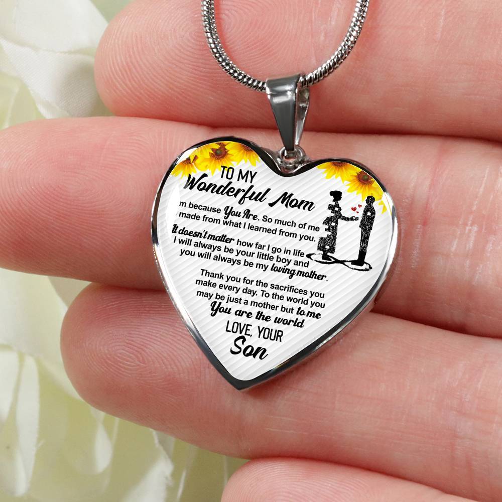 From Son To My Wonderful Mom I Am Because You Are So Much Of Me Sunflower Luxury Heart Pendant Necklace - Heart Luxury Necklace (Silver)