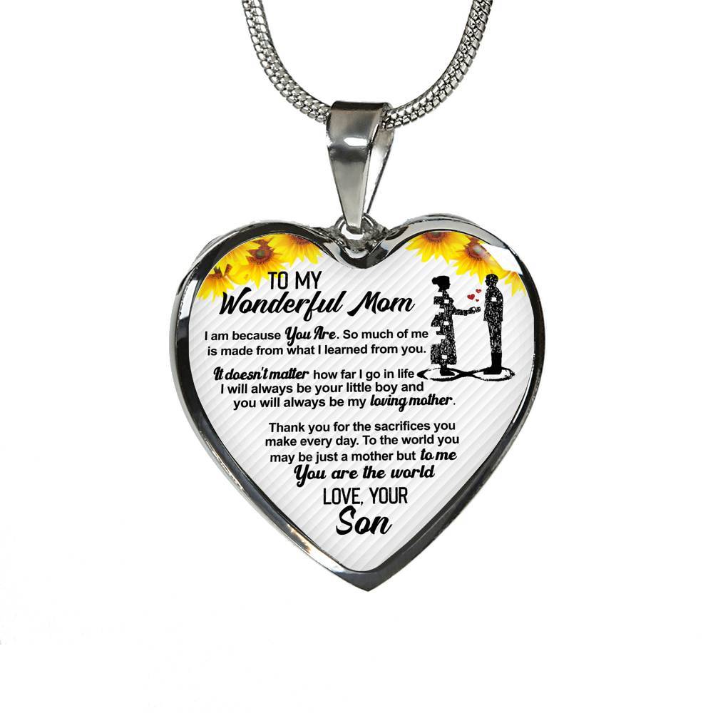 From Son To My Wonderful Mom I Am Because You Are So Much Of Me Sunflower Luxury Heart Pendant Necklace - Heart Luxury Necklace (Silver)