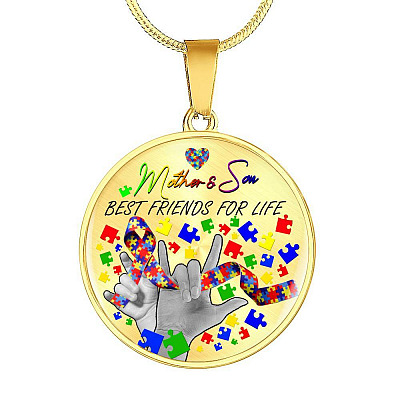 Mother And Son Best Friends for Life - Autism Awareness Gift Circle Pendant Necklace - Circle Luxury Necklace (Gold Plated)