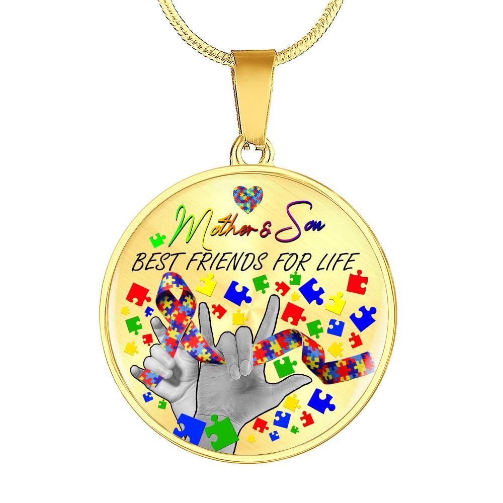 Mother And Son Best Friends for Life - Autism Awareness Gift Circle Pendant Necklace - Circle Luxury Necklace (Gold Plated)