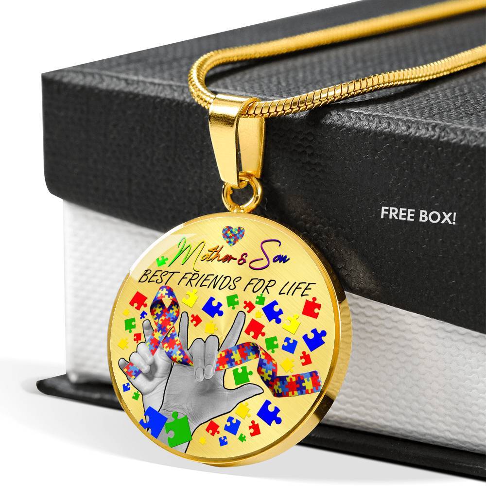 Mother And Son Best Friends for Life - Autism Awareness Gift Circle Pendant Necklace - Circle Luxury Necklace (Gold Plated)