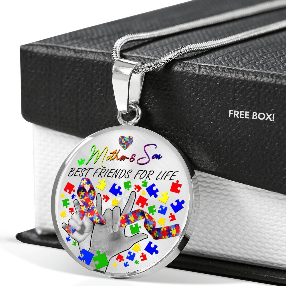 Mother And Son Best Friends for Life - Autism Awareness Gift Circle Pendant Necklace - Circle Luxury Necklace (Silver)