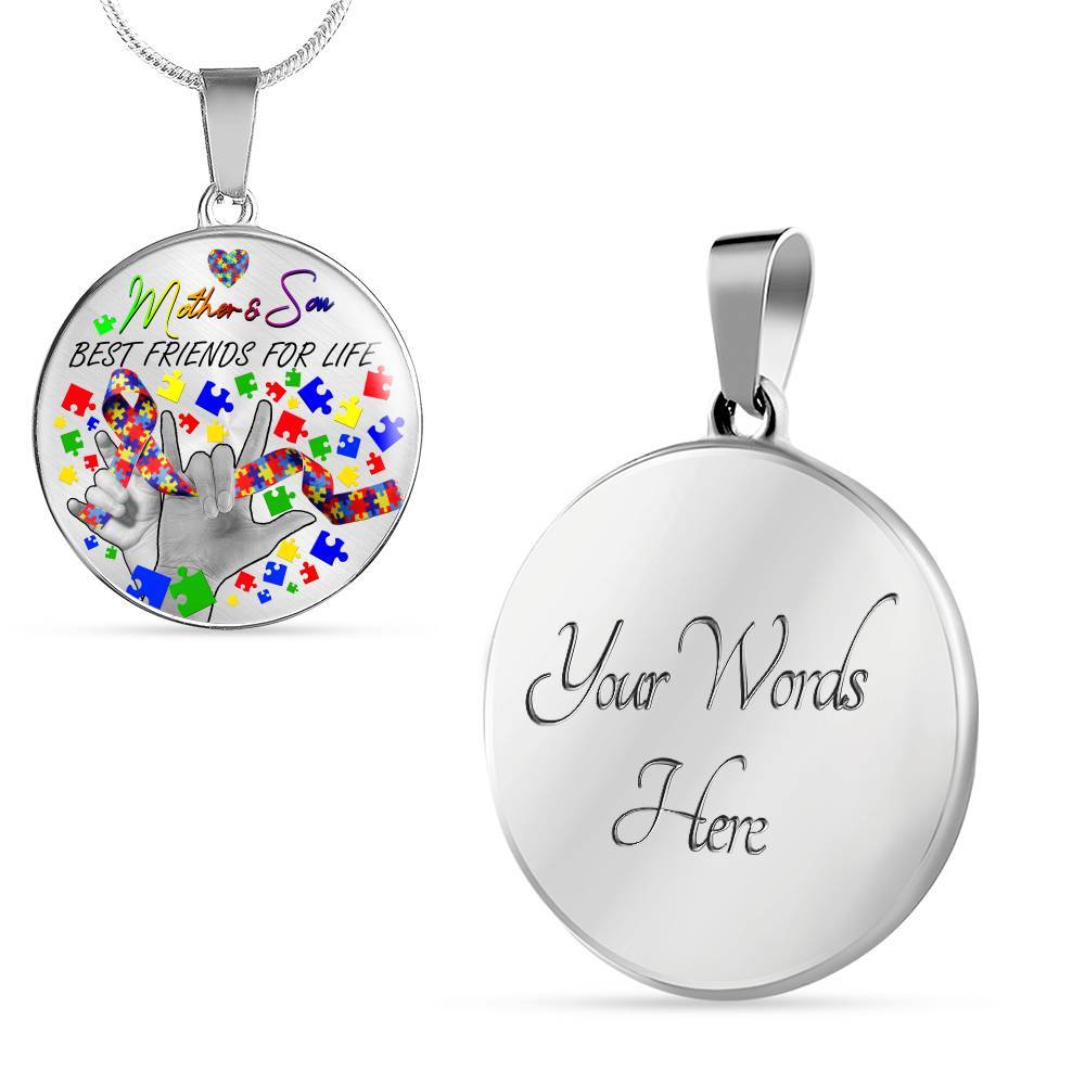 Mother And Son Best Friends for Life - Autism Awareness Gift Circle Pendant Necklace - Circle Luxury Necklace (Silver)