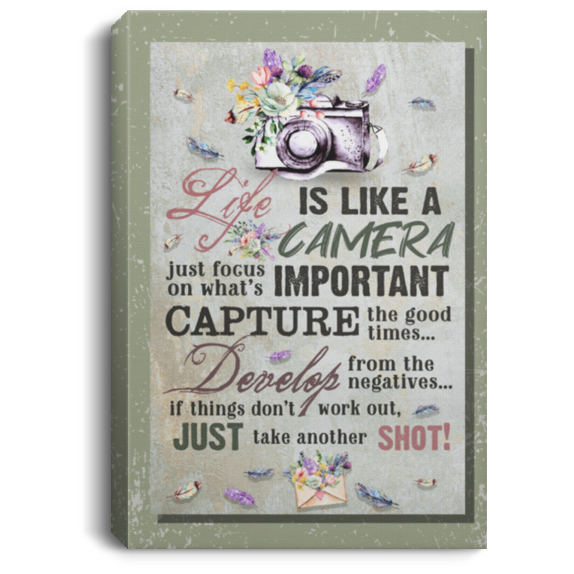 Life Is Like a Camera Just Focus on What's Important Vintage Gallery Wrapped Framed Canvas Prints - Unframed Poster, White, 0.75'' Framed Canvas