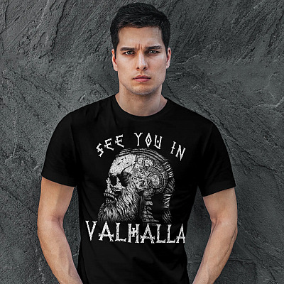 Alternative view of Vikings See You In Valhalla Norsemen Warrior T-shirt - Norway Norse Mythology Skull Shirt