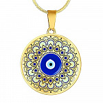 Blue Evil Eye With Mandela Flower Pattern Circle Pendant Necklace - Circle Luxury Necklace (Gold Plated)