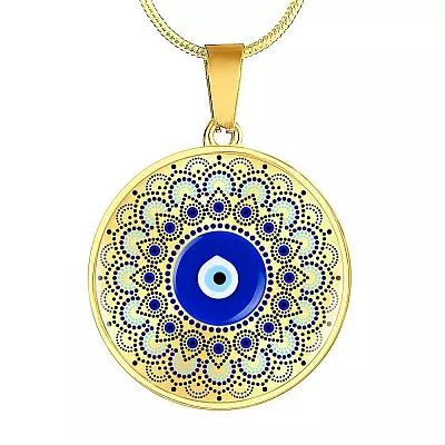 Blue Evil Eye With Mandela Flower Pattern Circle Pendant Necklace - Circle Luxury Necklace (Gold Plated)