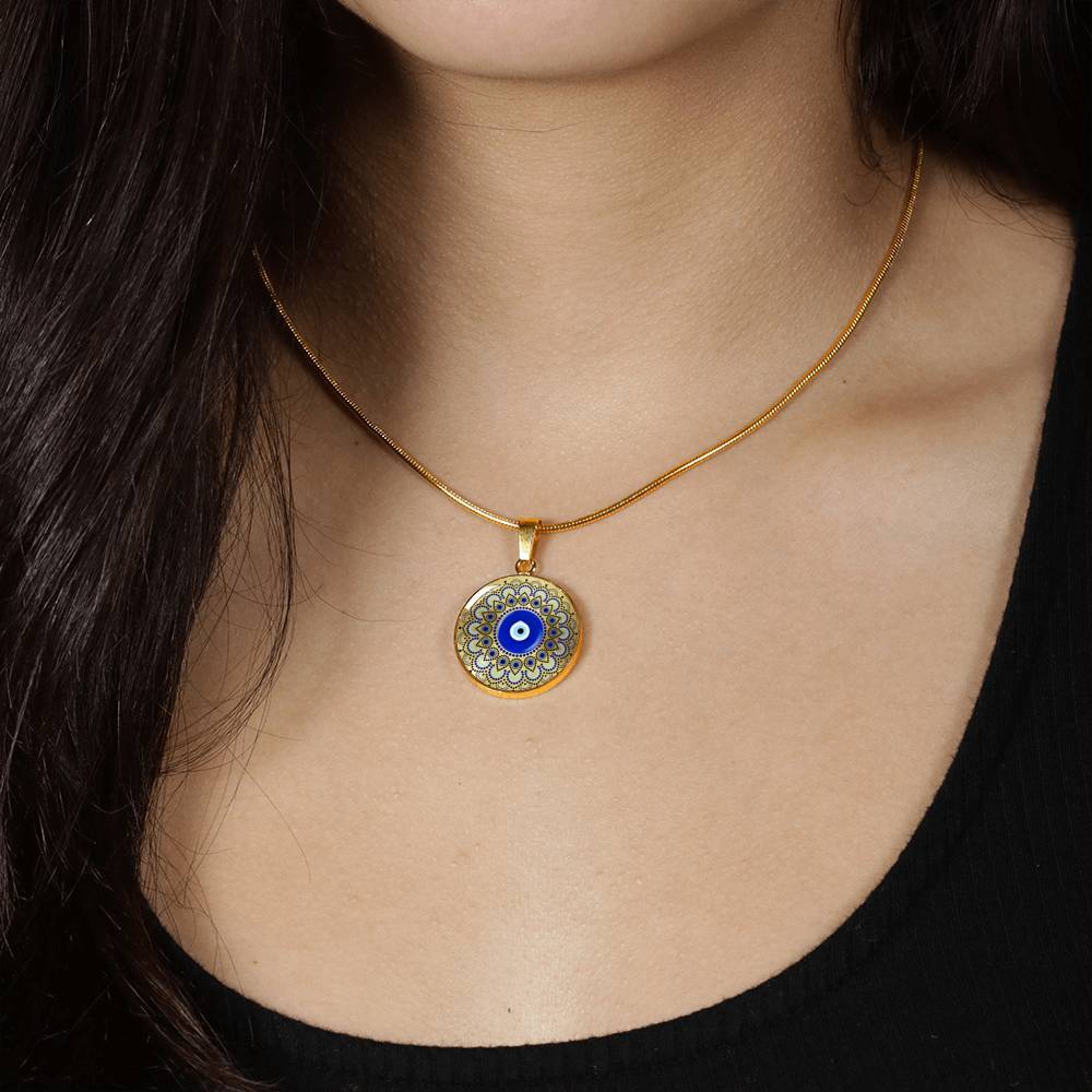 Blue Evil Eye With Mandela Flower Pattern Circle Pendant Necklace - Circle Luxury Necklace (Gold Plated)