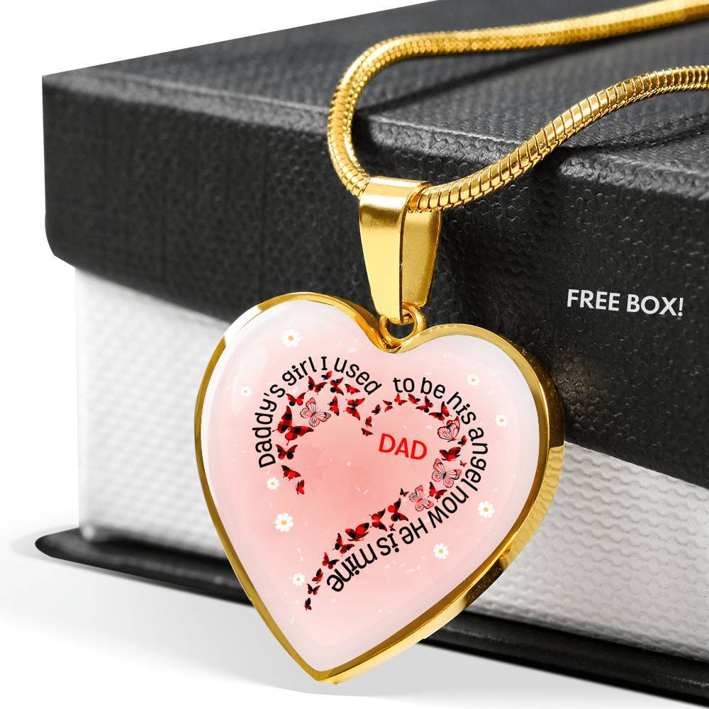 Daddy's Girl I Used To Be His Angel Now He Is Mine Red Plaid Butterfly Heart Luxury Heart Pendant Necklace - Heart Luxury Necklace (Gold Plated)