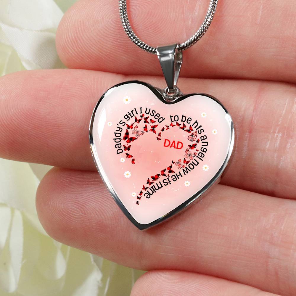 Daddy's Girl I Used To Be His Angel Now He Is Mine Red Plaid Butterfly Heart Luxury Heart Pendant Necklace - Heart Luxury Necklace (Silver)