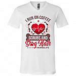 I Run On Coffee Scrubs And Dog Hair, White, V-Neck T-Shirt
