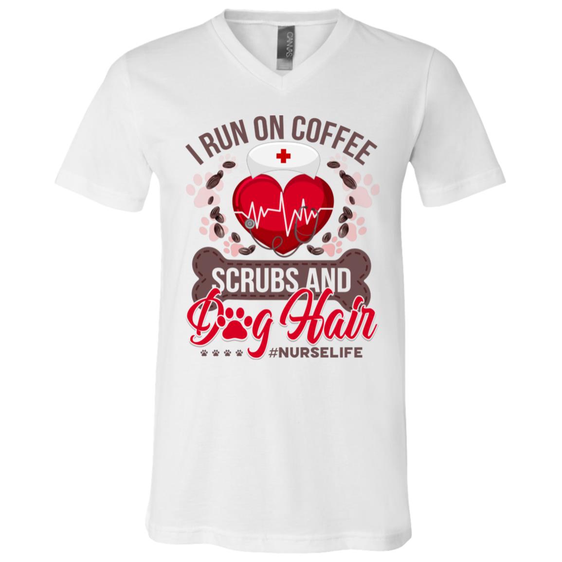 I Run On Coffee Scrubs And Dog Hair, White, V-Neck T-Shirt