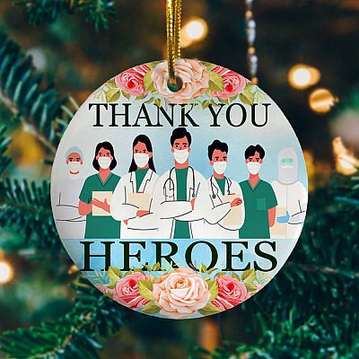 Thank You Heroes Wearing Mask Quarantined Decorative Christmas Ornament - Holiday Flat Circle Ornament