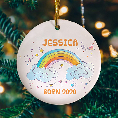 Alternative view of Customized Baby First Year Born Rainbow Decorative Christmas Ornament - Holiday Flat Circle Ornament