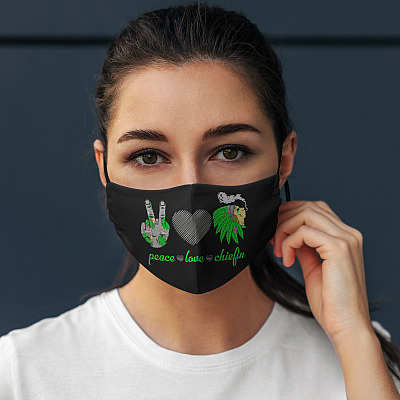 Alternative view of Peace Love Chiefin Smoking Weed Cannabis Cherokee Native Washable Reusable Custom Printed Cloth Face Mask Cover