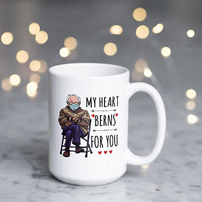 Alternative view of Bernie Sanders Mittens Meme My Heart Berns For You Ceramic Coffee Mug - Bernie Sanders Valentine's Day Gift