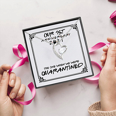 Alternative view of Our First Anniversary 2021 the One Where We Were Quarantined Forever Love Pendant Necklace