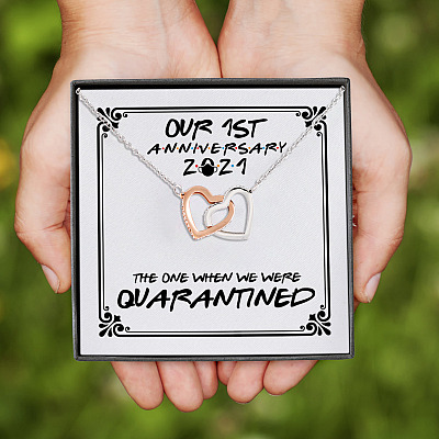 Alternative view of Our First Anniversary 2021 the One Where We Were Quarantined Interlocking Hearts Pendant Necklace