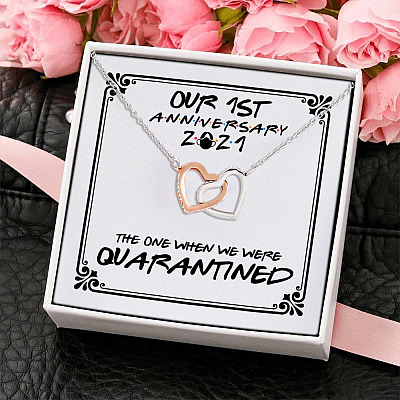 Our First Anniversary 2021 the One Where We Were Quarantined Interlocking Hearts Pendant Necklace