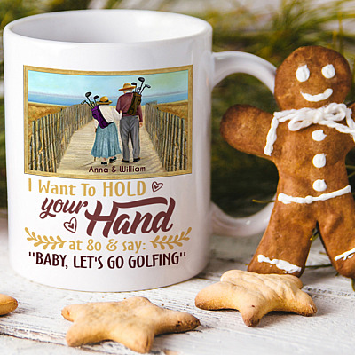 Alternative view of Personalized I Want To Hold Your Hand At 80 And Say Baby Let's Go Golfing Ceramic Coffee Mug - Beer Stein