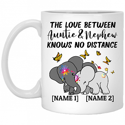 Personalized Auntie Nephew Ceramic Coffee Mug - Love Between Auntie Nephew Knows No Distance Water Bottle, White, 11 oz. White Mug