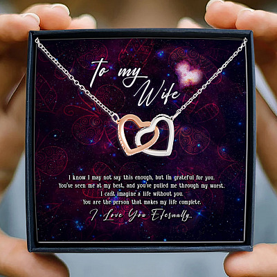 Alternative view of To My Wife You Make My Life Complete Couple In Love Anniversary Quote Saying Interlocking Hearts Necklace