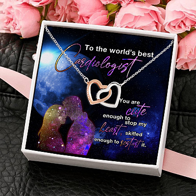 Alternative view of To The World's Best Cardiologist Girlfriend Wife Couple In Love Quote Saying Interlocking Hearts Necklace
