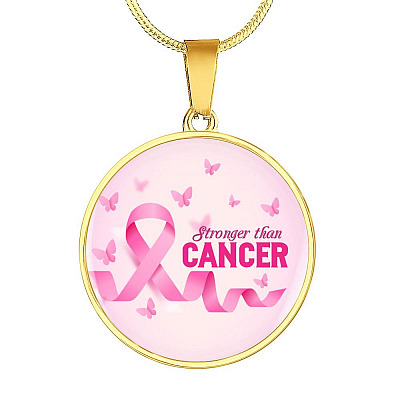 Stronger Than Cancer Circle Pendant Necklace - Cancer Awareness Necklace - Circle Luxury Necklace (Gold Plated)