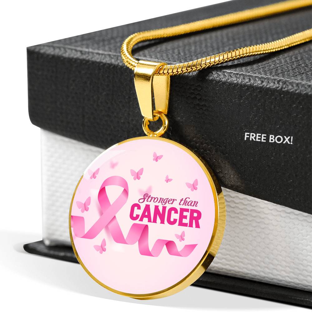 Stronger Than Cancer Circle Pendant Necklace - Cancer Awareness Necklace - Circle Luxury Necklace (Gold Plated)