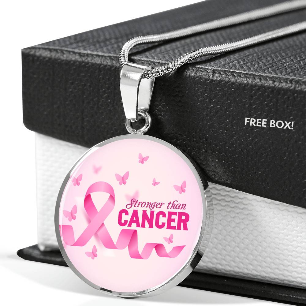 Stronger Than Cancer Circle Pendant Necklace - Cancer Awareness Necklace - Circle Luxury Necklace (Silver)
