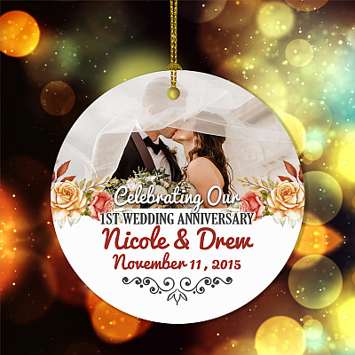 Personalized Custom Photo Our 1st Wedding Anniversary Milestone Circle Ornament - One Year Paper Anniversary Gift