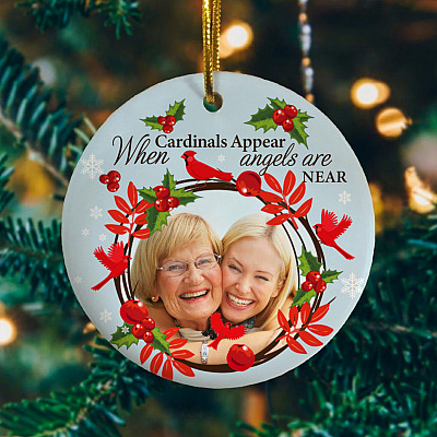 Custom Photo When Cardinals Appear Angels Are Near Holiday Decorative Christmas Flat Circle Ornament