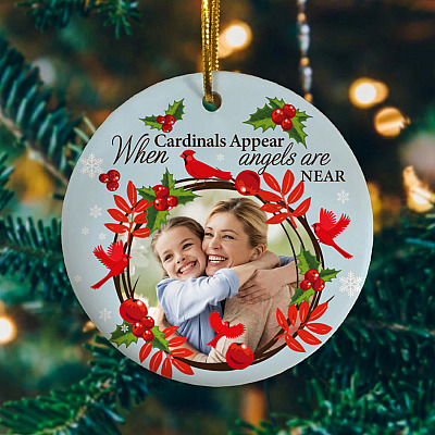Alternative view of Custom Photo When Cardinals Appear Angels Are Near Holiday Decorative Christmas Flat Circle Ornament