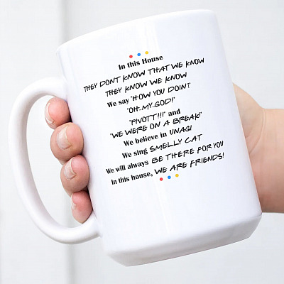 Alternative view of Friends TV Show In This House They Don't Know That We Know They Know How You Doin' Ceramic Coffee Mug