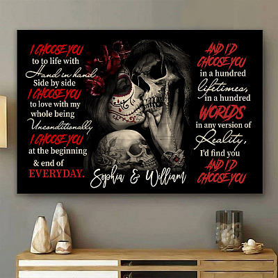 Alternative view of Personalized I Choose You To Do Life With Hand In Hand Side By Side Skull Couple Canvas Prints - Unframed Poster