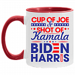 Biden Harris 2021 Cup of Joe Shot of Kamala Accent Mug, White/Red, 11 oz. Accent Mug