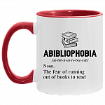 Abibliophobia The Fear Of Running Out Of Books To Read Funny Book Lover Accent Mug - Ceramic Coffee Mug, White/Red, 11 oz. Accent Mug