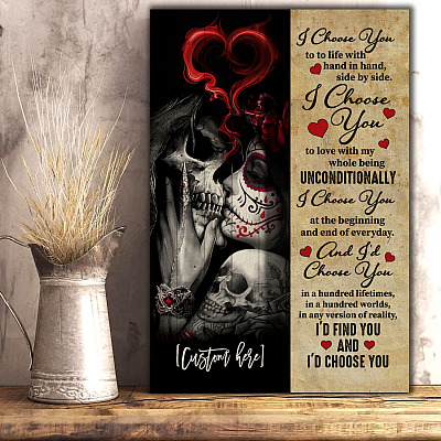 Alternative view of Personalized Skull Couple I Choose You To Do Life With Hand In Hand Side By Side Canvas Prints - Unframed Poster