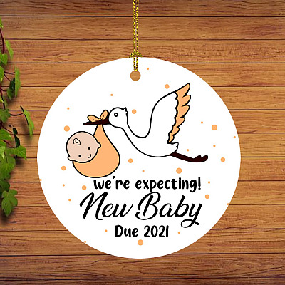 We're Expecting New Baby Due 2021 Decorative Christmas Ornament - Holiday Flat Circle Ornament