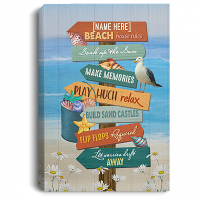 Personalized Beach House Sign Beach House Rules Soak up The Sun Make Memories Framed Canvas - Unframed Poster, White, 0.75'' Framed Canvas