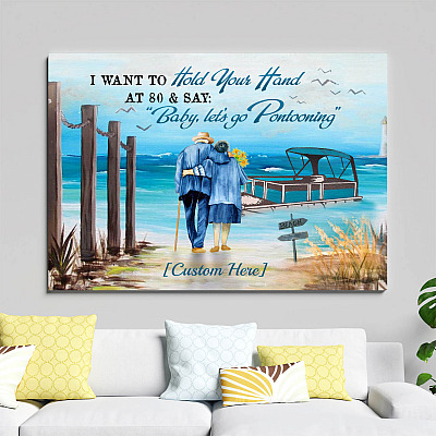 Alternative view of Personalized Hold Your Hand at 80 and Say Baby Let's Go Pontooning Wrapped Framed Canvas Prints - Unframed Poster