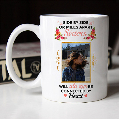 Alternative view of Personalized Photo Side by Side or Miles Apart Sisters Will Always Be Connected by Heart Ceramic Coffee Mug