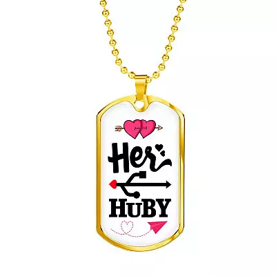 Her Huby His Wifiy Valentine's Day Geek Couple Matching Dog Tag Pendant Necklace Gifts for Him - Dog Tag (Gold Plated)