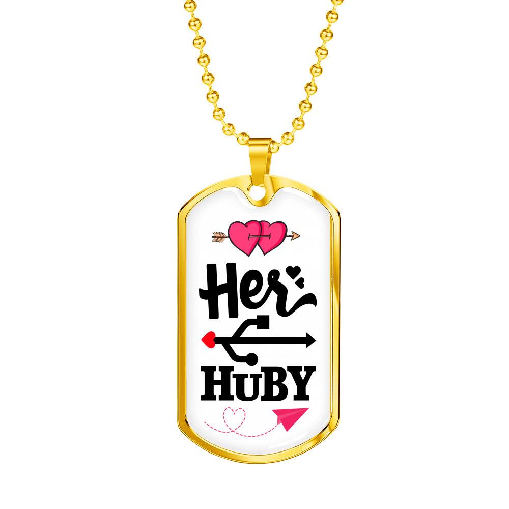 Her Huby His Wifiy Valentine's Day Geek Couple Matching Dog Tag Pendant Necklace Gifts for Him - Dog Tag (Gold Plated)