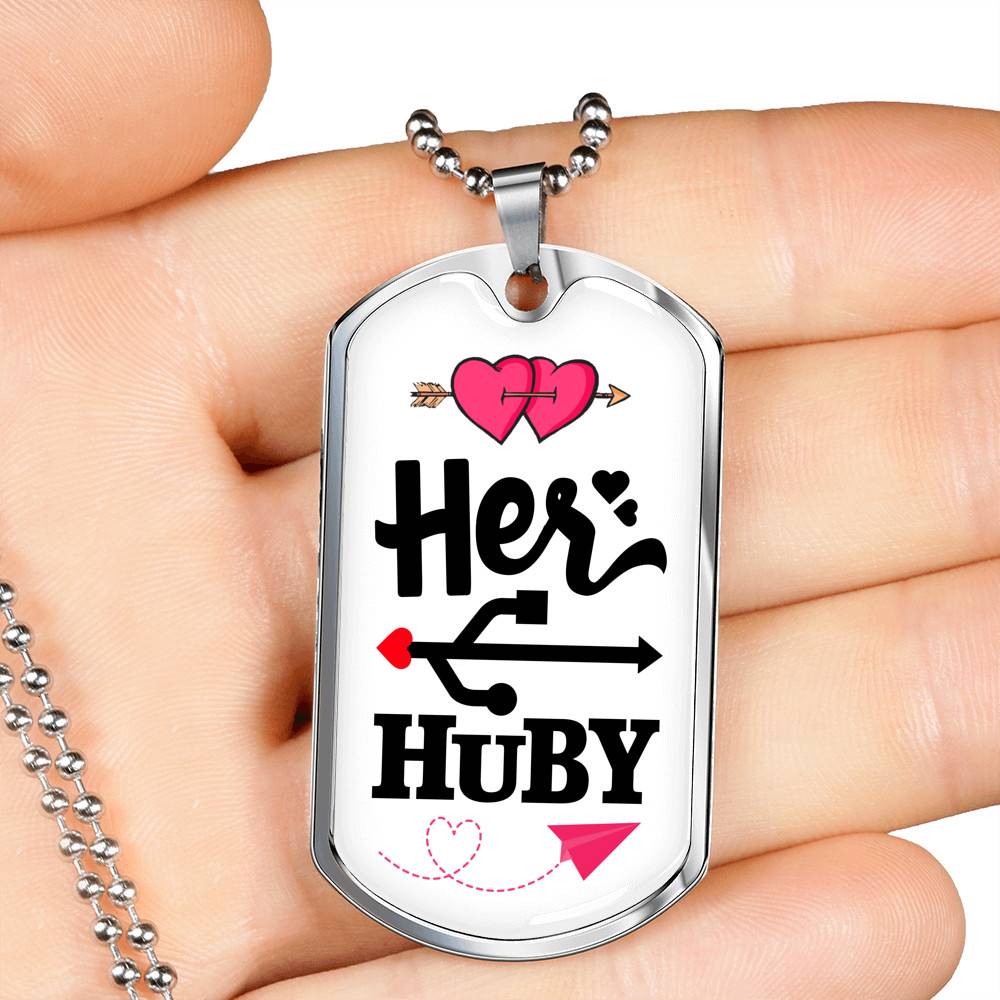Her Huby His Wifiy Valentine's Day Geek Couple Matching Dog Tag Pendant Necklace Gifts for Him - Dog Tag (Silver)