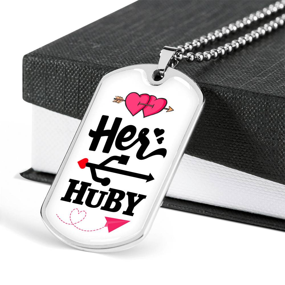 Her Huby His Wifiy Valentine's Day Geek Couple Matching Dog Tag Pendant Necklace Gifts for Him - Dog Tag (Silver)