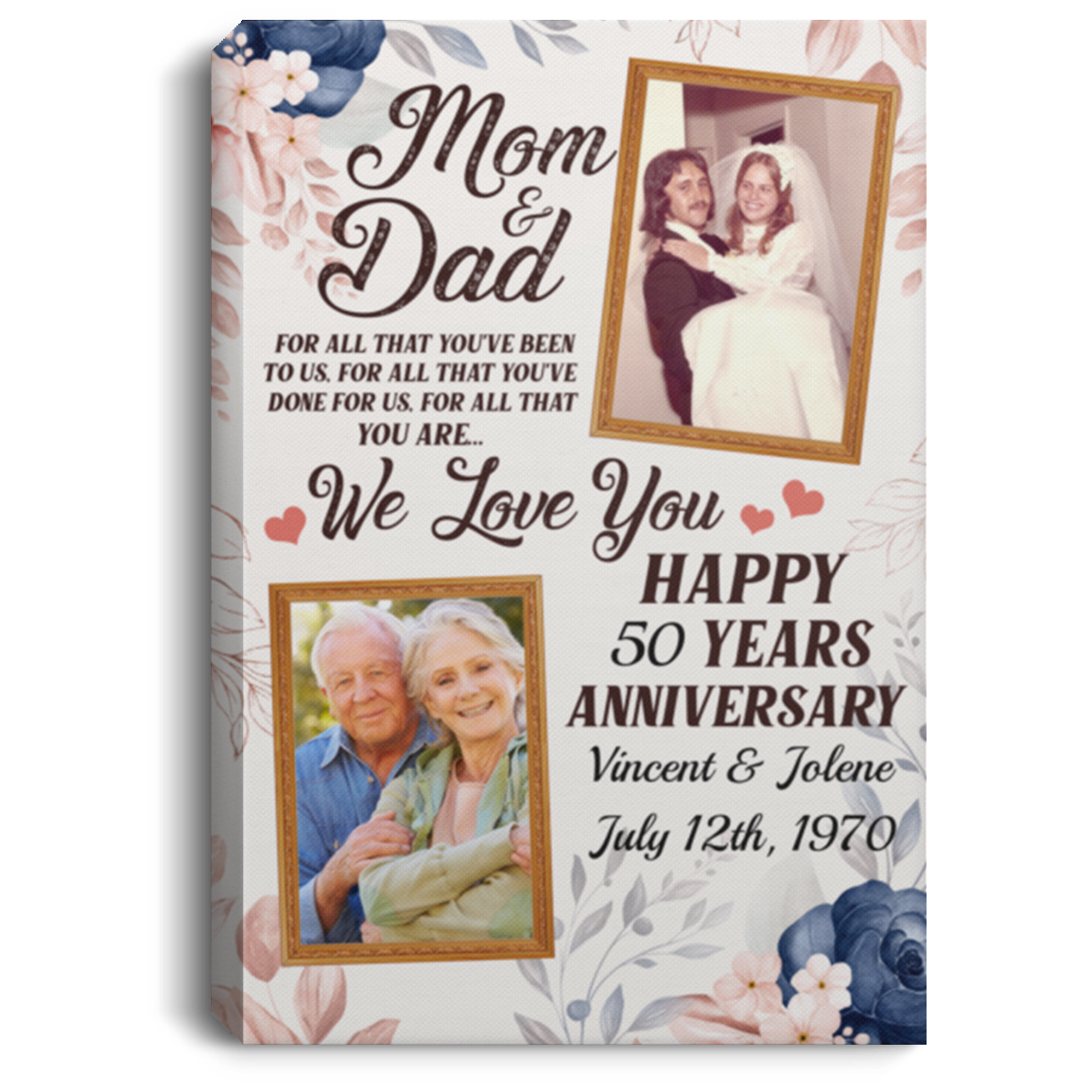 Custom Photo Golden Wedding Anniversary Wrapped Framed Canvas Prints - Unframed Poster - Home Decor Wall Art, White, 0.75'' Framed Canvas