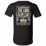 Blessed Be the Lord My Rock Who Trains My Hands for War Riffles Psalm 144:1 Print on Back T-Shirt - V-Neck, Black, V-Neck T-Shirt